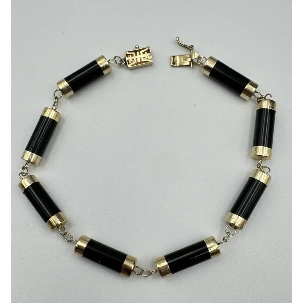 Heng Ngai HN 14k Gold‎ Onyx Cylinder Link Box Clasp Bracelet Estate Jewelry